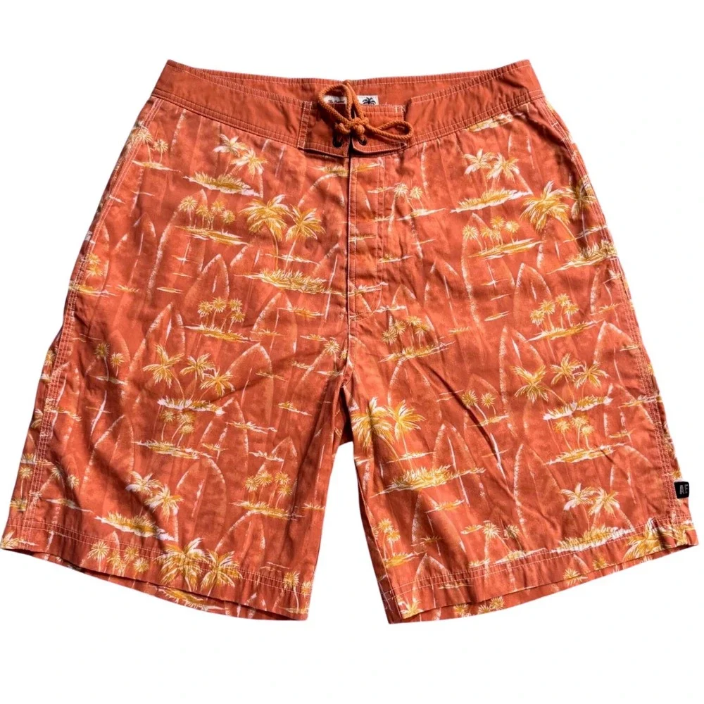 American Eagle Mens Orange‎ Tropical Palm Surfboard Board Swim Shorts Size 34